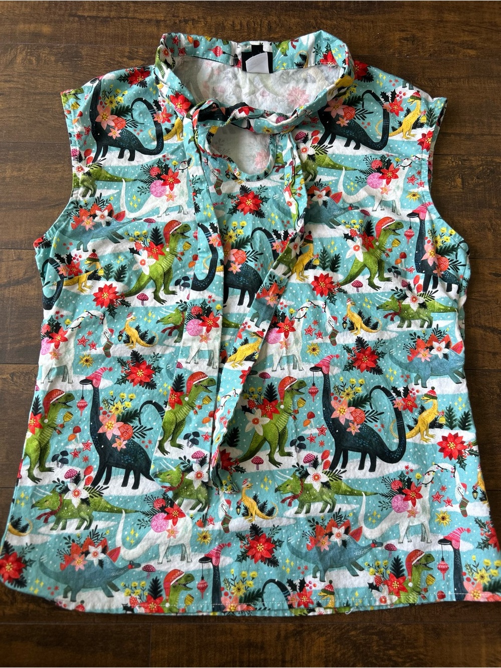 Retrolicious Aqua Dino Floral Tie-Neck Tank with Pink, Green & Yellow Accents